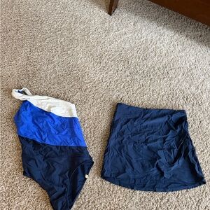 Summersalt Blue and White one shoulder Swimsuit with blue coverup skirt